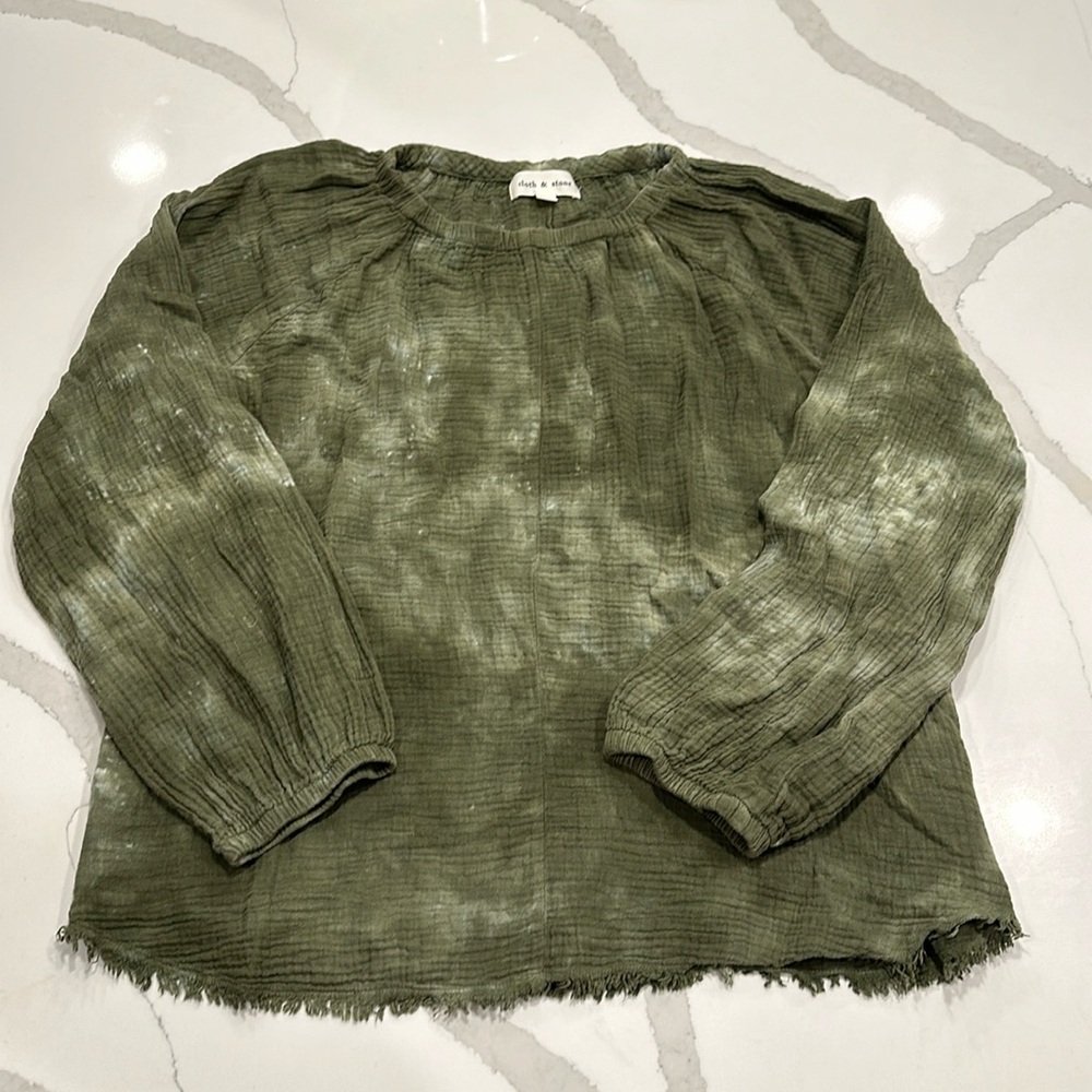 Cloth & Stone Cotton Gauze Green Tye Die Raw Hem Top (Size: Large)